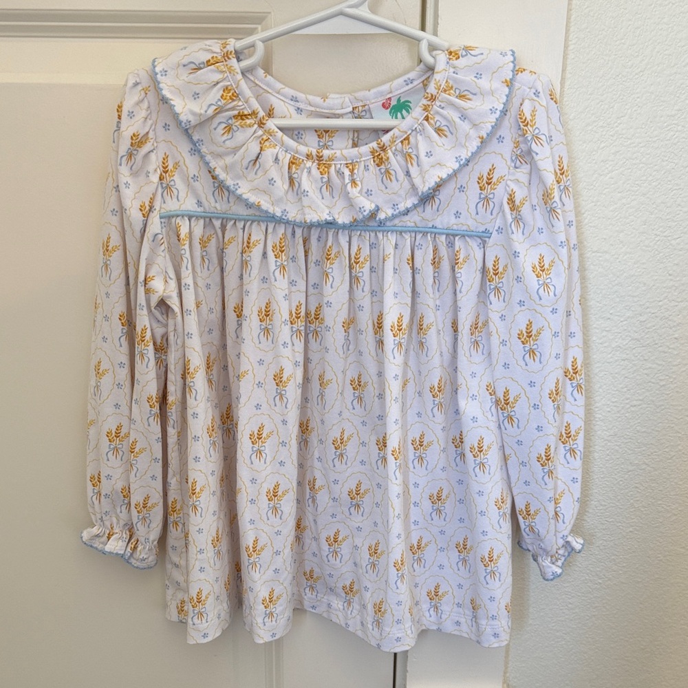Girls' White Floral Long-Sleeve Ruffle Collar Top